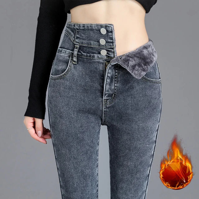 Winter Thick Velvet Women High Waist Skinny Jeans Simple Fleece Warm Slim Fit Stretch Ladies Casual Denim Mom Pencil Pants