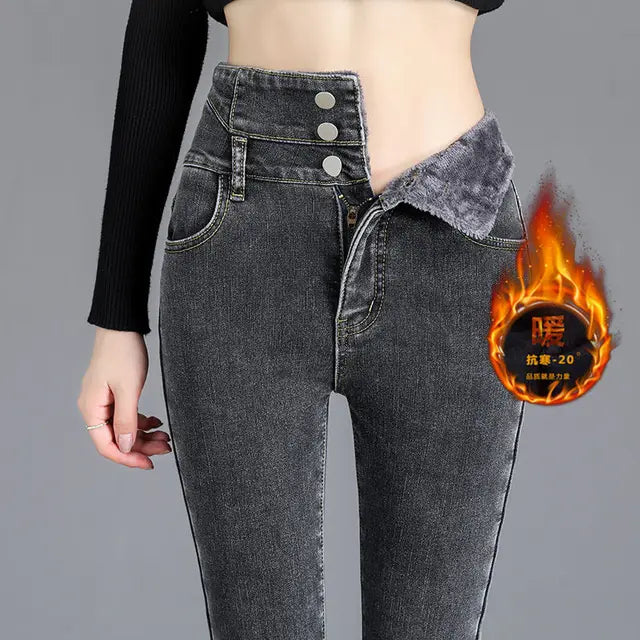 Winter Thick Velvet Women High Waist Skinny Jeans Simple Fleece Warm Slim Fit Stretch Ladies Casual Denim Mom Pencil Pants