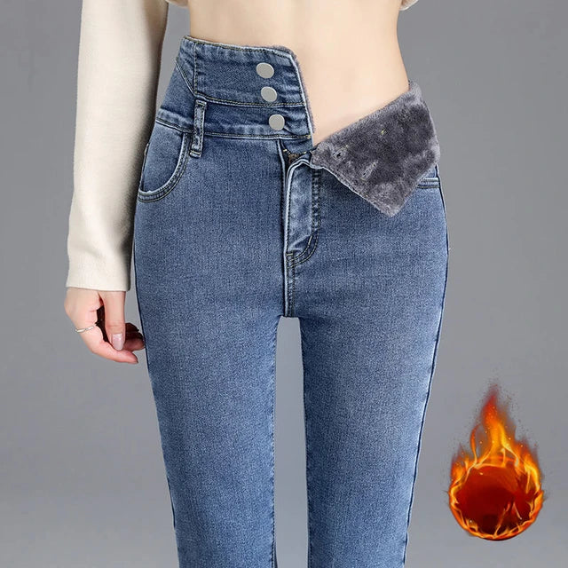 Winter Thick Velvet Women High Waist Skinny Jeans Simple Fleece Warm Slim Fit Stretch Ladies Casual Denim Mom Pencil Pants