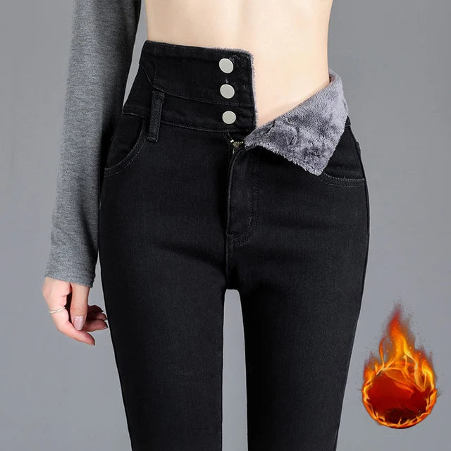 Winter Thick Velvet Women High Waist Skinny Jeans Simple Fleece Warm Slim Fit Stretch Ladies Casual Denim Mom Pencil Pants