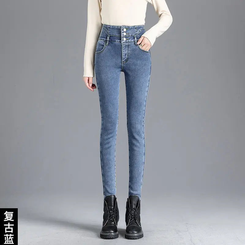 Winter Thick Velvet Women High Waist Skinny Jeans Simple Fleece Warm Slim Fit Stretch Ladies Casual Denim Mom Pencil Pants