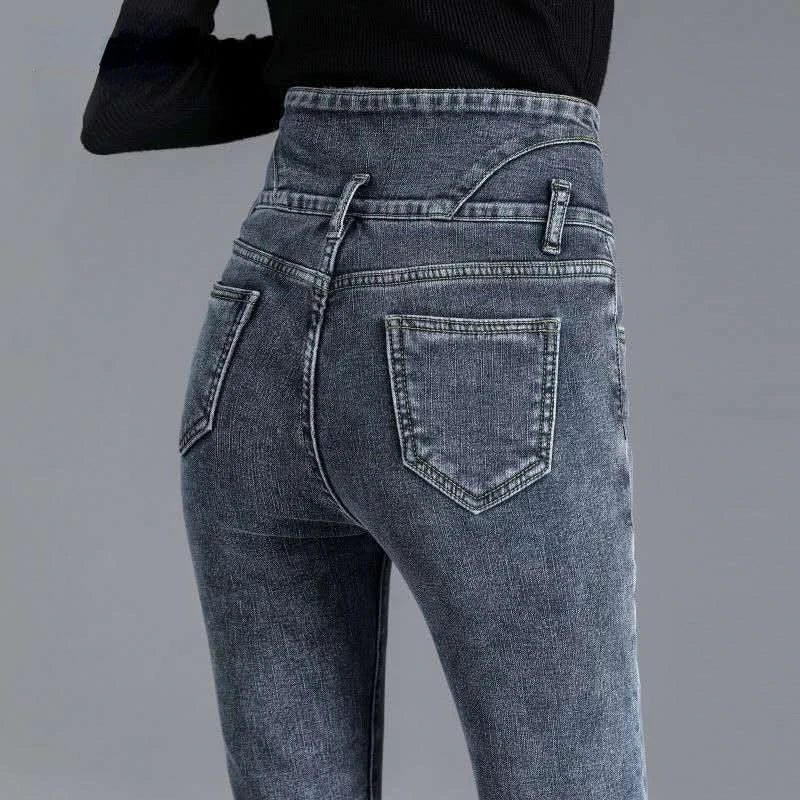 Winter Thick Velvet Women High Waist Skinny Jeans Simple Fleece Warm Slim Fit Stretch Ladies Casual Denim Mom Pencil Pants