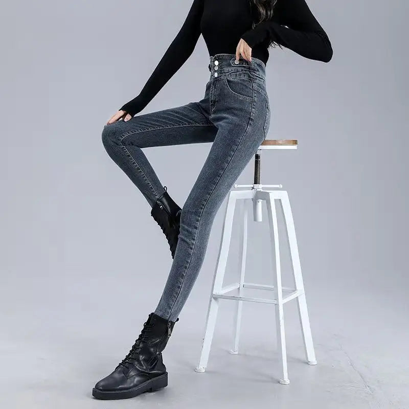 Winter Thick Velvet Women High Waist Skinny Jeans Simple Fleece Warm Slim Fit Stretch Ladies Casual Denim Mom Pencil Pants